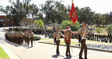 The retired Australian Army Banner is paraded for the last time at Army Recruit Training Centre, Kapooka, NSW, before being laid up in the Blamey Barracks Soldier’s Chapel. Photographer unknown.