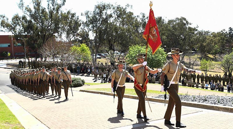 The retired Australian Army Banner is paraded for the last time at Army Recruit Training Centre, Kapooka, NSW, before being laid up in the Blamey Barracks Soldier’s Chapel. Photographer unknown.