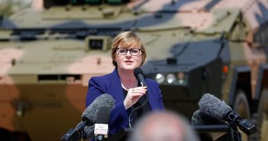 Minister for Defence Linda Reynolds speaks at the acceptance ceremony for the Australian Army’s first Boxer vehicle at Enoggera Barracks, Brisbane. Photo by Sergeant Max Bree.