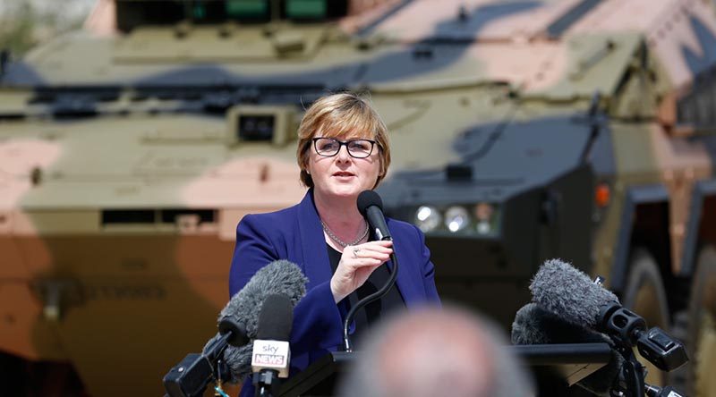 Minister for Defence Linda Reynolds speaks at the acceptance ceremony for the Australian Army’s first Boxer vehicle at Enoggera Barracks, Brisbane. Photo by Sergeant Max Bree.