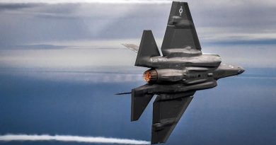 An F-35C Lightning II attached to the “Argonauts” of Strike Fighter Squadron (VFA) 147, completes a flight over Eglin Air Force Base, Florida. US Navy photo by Chief Mass Communication Specialist Shannon E. Renfroe.