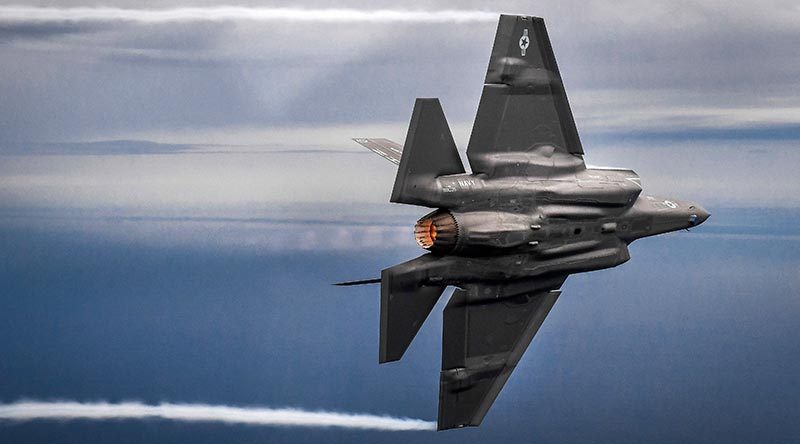 An F-35C Lightning II attached to the “Argonauts” of Strike Fighter Squadron (VFA) 147, completes a flight over Eglin Air Force Base, Florida. US Navy photo by Chief Mass Communication Specialist Shannon E. Renfroe.