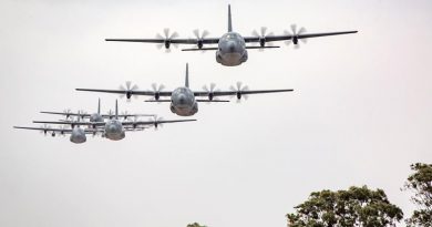 C-130J Hercules aircraft from No.37 Squadron fly in formation over RAAF Base Richmond. Photo by Corporal Craig Barrett.