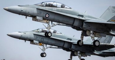 Two Royal Australian Air Force F/A-18 Hornets take off at Avalon, Victoria. Photo by Corporal Jessica de Rouw.