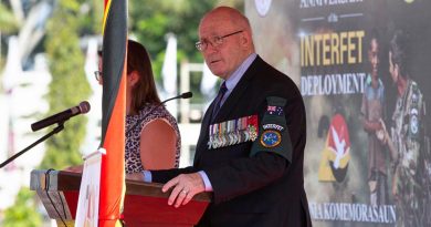 INTERFET Commander and former Governor-General of Australia, Sir Peter Cosgrove addresses officials and veterans at the INTERFET 20th anniversary commemorative ceremony in Dili, Timor-Leste. Photo by Corporal Tristan Kennedy.