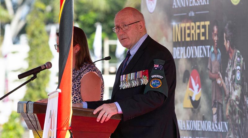 INTERFET Commander and former Governor-General of Australia, Sir Peter Cosgrove addresses officials and veterans at the INTERFET 20th anniversary commemorative ceremony in Dili, Timor-Leste. Photo by Corporal Tristan Kennedy.