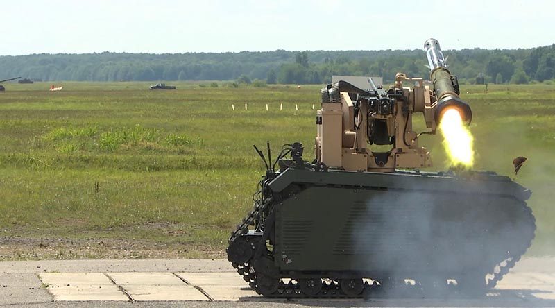 A Titan UGV fires a Javelin anti-tank missile by remote control. Kongsberg photo.