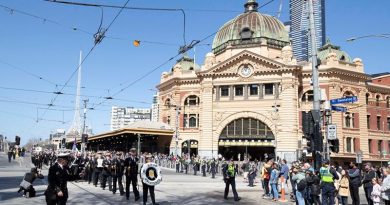 The crew of HMAS Melbourne conduct a Freedom of Entry march into the city of Melbourne. Photo by Leading Seaman Kieran Dempsey.