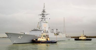 Air warfare destroyer NUSHIP Sydney departs Osborne Shipyards for the first time as it commences its builder’s sea trials. Photo by Simon Casson.