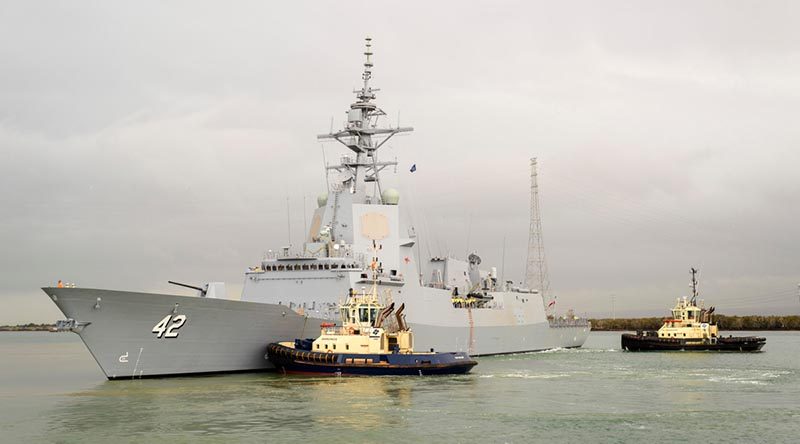 Air warfare destroyer NUSHIP Sydney departs Osborne Shipyards for the first time as it commences its builder’s sea trials. Photo by Simon Casson.