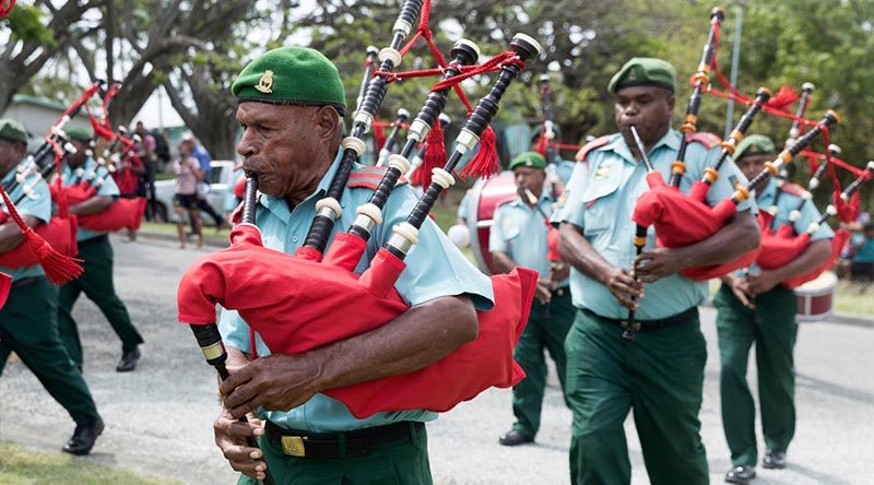 Members of the Papua New Guinea Pipes and Drums rehearse for the Royal Edinburgh Military Tattoo Sydney at Murray Barracks Port Moresby. Photo by Jayson Tufrey.