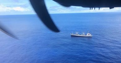 A Royal Australian Air Force C-27J Spartan investigate a fishing vessel spotted during an Operation Solania maritime patrol. RAAF photo.