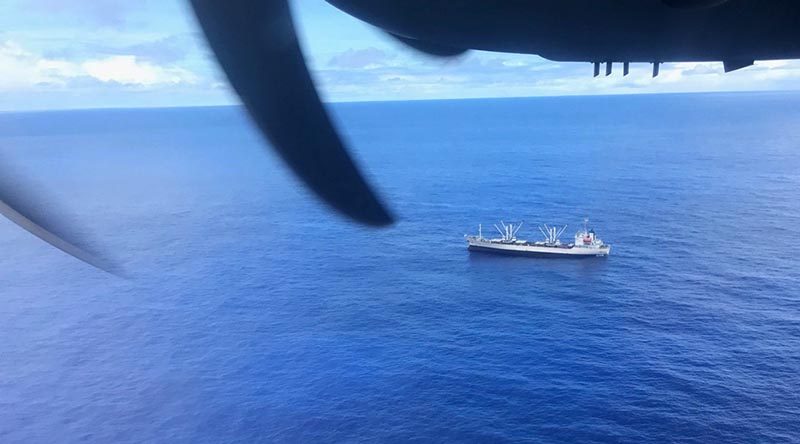 A Royal Australian Air Force C-27J Spartan investigate a fishing vessel spotted during an Operation Solania maritime patrol. RAAF photo.