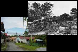 Then and now: the ‘A’ Company, 3RAR position at Kampung Stass, now the site of Sekolah Kebangsaan Stass (1965 image by Corporal Bill Lagas, 3RAR).