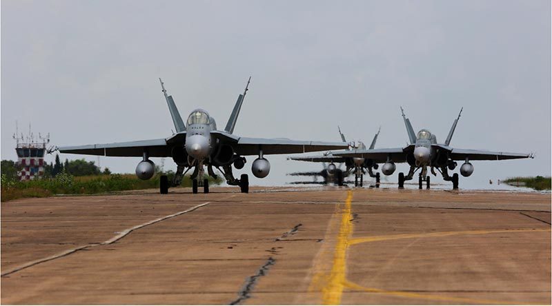 No 3 Squadron F/A-18 Hornets taxi at Korat Air Force Base during Exercise Thai Boomerang 2015. Photo by Corporal David Said.