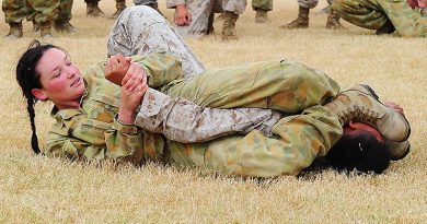Australian Army Corporal Casey Bone, 1st Aviation Regiment, gets the upper-hand on a US Marine Corps opponent during the unarmed combat practise during Exercise Talisman Sabre 2011. Photo by Leading Seaman Andrew Dakin.