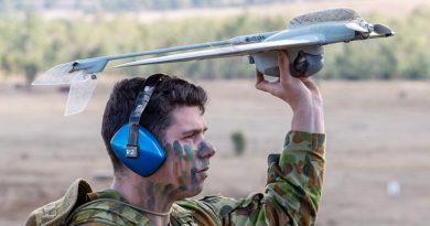 Corporal James Townsend, Combined Arms Training Centre, demonstrates the Wasp unmanned aerial system during Exercise Chong Ju 2019 at Puckapunyal Training Area, Victoria. Photo by Corporal Kyle Genner.