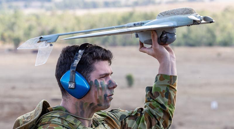 Corporal James Townsend, Combined Arms Training Centre, demonstrates the Wasp unmanned aerial system during Exercise Chong Ju 2019 at Puckapunyal Training Area, Victoria. Photo by Corporal Kyle Genner.