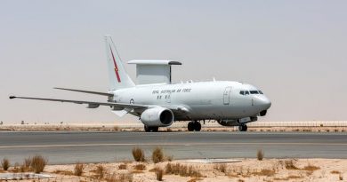 A Royal Australian Air Force E-7A Wedgetail arrives at the Australian Defence Force's main operating base in the Middle East region for Operation Okra missions. Photo by Corporal Dan Pinhorn.