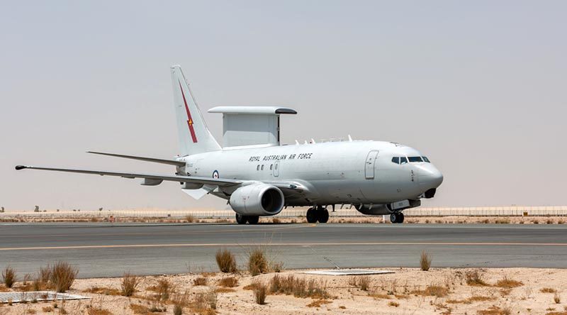 A Royal Australian Air Force E-7A Wedgetail arrives at the Australian Defence Force's main operating base in the Middle East region for Operation Okra missions. Photo by Corporal Dan Pinhorn.