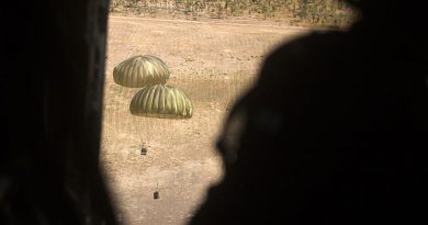 A RAAF C-27J Spartan drops Australian Aid onto the Mount Bundey Training Area during Exercise Crocodile Response, NT, Australia. Photo by Staff Sergeant Jordan Gilbert.