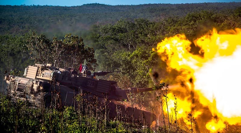 An Australian Abrams main battle tank fires its gun during Exercise Southern Jackaroo 17 at Mount Bundey Training Area, Northern Territory. Photo by Captain Dean Muller