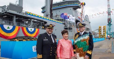 Captain Simon Rooke, who will be the Commanding Officer of the Royal New Zealand Navy’s newest ship, Aotearoa, Governor-General Dame Patsy Reddy and New Zealand's Chief of Navy Rear Admiral David Proctor at the ship’s naming ceremony at the Hyundai Shipyard in South Korea. RNZDF photo.