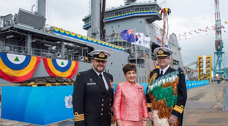 Captain Simon Rooke, who will be the Commanding Officer of the Royal New Zealand Navy’s newest ship, Aotearoa, Governor-General Dame Patsy Reddy and New Zealand's Chief of Navy Rear Admiral David Proctor at the ship’s naming ceremony at the Hyundai Shipyard in South Korea. RNZDF photo.