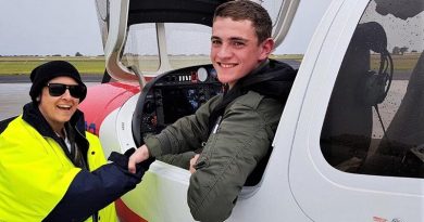 CSGT Sam Davis (403 Squadron, Beaconsfield) is congratulated by his instructor, FLTLT(AAFC) Cathy Hobson, following his first solo flight in the Diamond DA40 NG on Friday 4 October. Photo by SQNLDR (AAFC) Scott Wiggins.