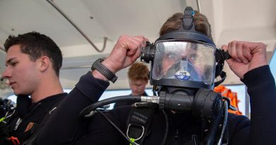 Able Seaman Samuel Day prepares to conduct a scuba dive during the inagural Australian Defence Force Scuba Diver Course held at HMAS Penguin, Sydney. Photo by Able Seaman Leo Baumgartner.