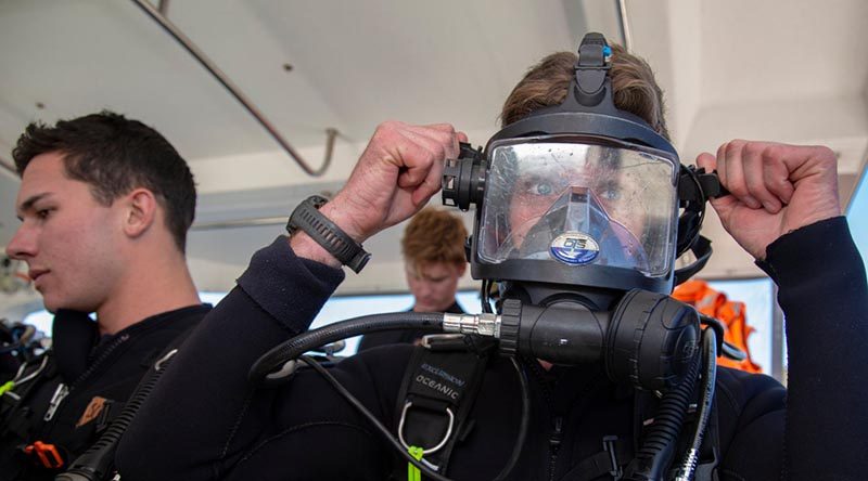 Able Seaman Samuel Day prepares to conduct a scuba dive during the inagural Australian Defence Force Scuba Diver Course held at HMAS Penguin, Sydney. Photo by Able Seaman Leo Baumgartner.