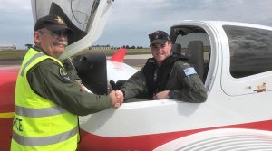 CSGT Archie Gaffney (402 Squadron, Watsonia) is congratulated by his instructor, SQNLDR Gary Presneill, EFTS Head of Flying Operations, following his first solo flight in the Diamond DA40 NG on Saturday 5 October. Photo by SQNLDR (AAFC) Scott Wiggins.