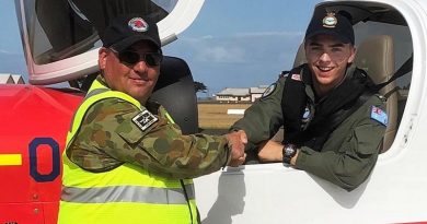 Cadet Corporal Max Ramm is congratulated by the Course Coordinator and Staff Officer Operations with AOW, Squadron Leader (AAFC) Scott Wiggins, following his first solo powered flight on 18 April 2019. Image supplied by SQNLDR (AAFC) Scott Wiggins.