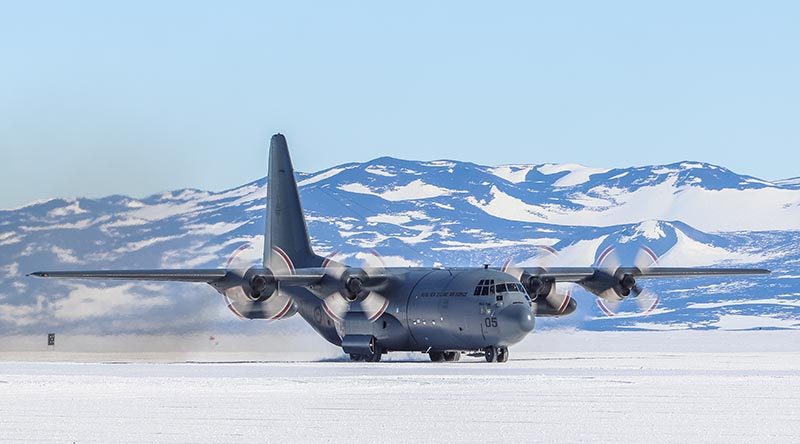 An RNZAF C-130 Hercules on an ice runway in Antarctica. NZDF file photo.