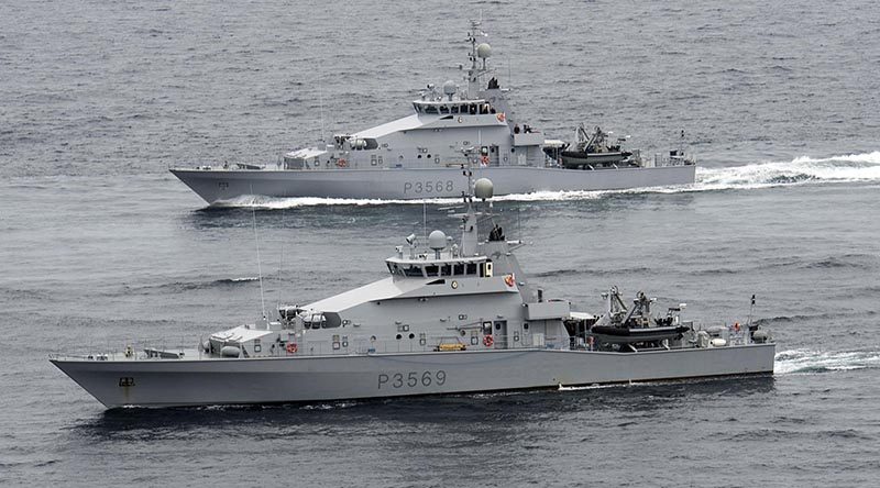 Royal New Zealand Navy inshore patrol vessels HMNZS Rotoiti (front) and HMNZS Pukaki. RNZN photo.