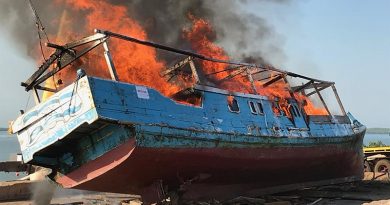 An Indonesian fishing boat, caught illegally fishing in Australian waters, is destroyed by fire in Darwin. Australian Border Force photo.