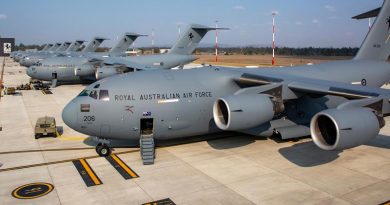 All eight C-17A Globemaster aircraft from No 36 Squadron on the flightline at RAAF Base Amberley, together for the first time ever. Photo by Sergeant Peter Borys.