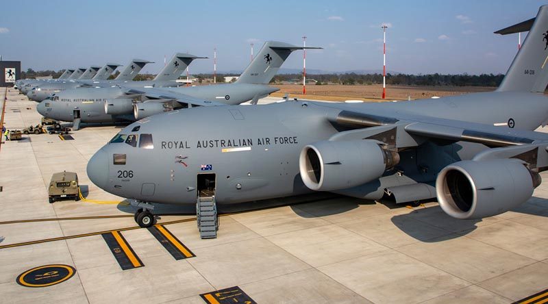 All eight C-17A Globemaster aircraft from No 36 Squadron on the flightline at RAAF Base Amberley, together for the first time ever. Photo by Sergeant Peter Borys.