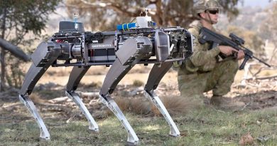 A Ghost Robotics unmanned ground vehicle supports Australian soldiers in clearing an enemy position. Photo by Corporal Tristan Kennedy.