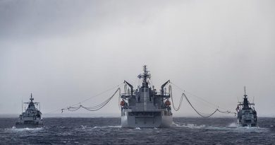 HMAS Sirius conducts a dual replenishment at sea with Malaysian ships KD Lekiu and KD Kelantan during her East Asia deployment. Photo by Leading Seaman Tara Byrne.