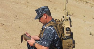 A man-portable Joint Counter Radio-Controlled Improvised Explosive Device Electronic Warfare – JCREW – package, developed by the US Navy to protect soldiers from advanced radio-controlled IEDs. The system provides a protective electronic bubble around warfighters. US Navy photo.