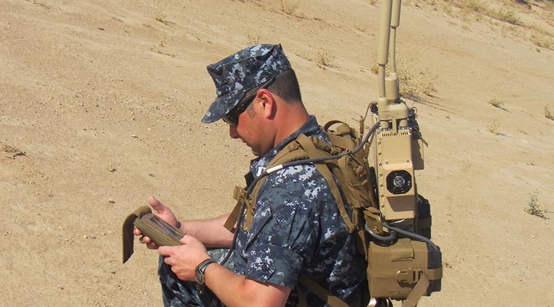 A man-portable Joint Counter Radio-Controlled Improvised Explosive Device Electronic Warfare – JCREW – package, developed by the US Navy to protect soldiers from advanced radio-controlled IEDs. The system provides a protective electronic bubble around warfighters. US Navy photo.