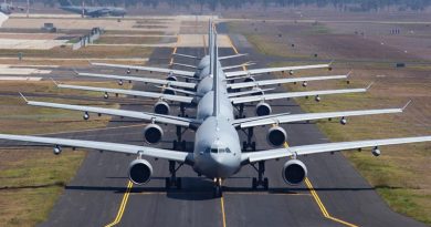 Five KC-30A Multi Role Tanker Transport aircraft from No 33 Squadron on taxiway Alpha at RAAF Base Amberley. Photo by Sergeant Peter Borys.