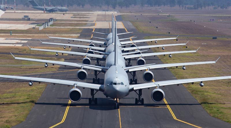 Five KC-30A Multi Role Tanker Transport aircraft from No 33 Squadron on taxiway Alpha at RAAF Base Amberley. Photo by Sergeant Peter Borys.