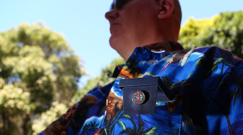 My new Veteran's Lapel Pin, box-mounted in the shirt pocket. Photo by self.