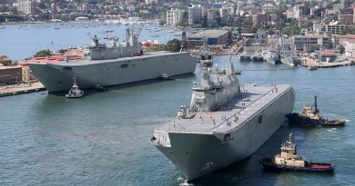 Landing helicopter dock ships Canberra (left) and Adelaide at Fleet Base East - Garden Island, Sydney. Photo by Petty Officer Kelvin Hockey.