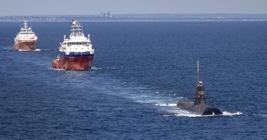 HMAS Sheean leads MV Mega Bakti and MV Besant to out of Fleet Base West for sea-phase elements of Exercise Pacific Reach 2019. Photo by Petty Officer James Whittle.