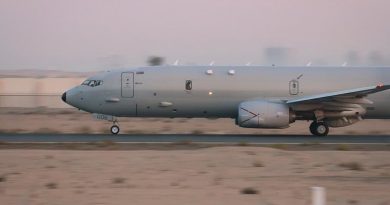 A RAAF P-8A Poseidon takes off on a mission from Australia's main operating base in the Middle East Region. Photo by Leading Seaman Craig Walton.