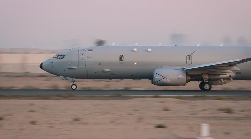 A RAAF P-8A Poseidon takes off on a mission from Australia's main operating base in the Middle East Region. Photo by Leading Seaman Craig Walton.