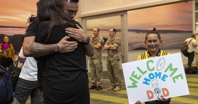 NZDF Personnel deployed on the ninth rotation of Op Manawa to Camp Taji are welcomed home after six months away from friends and family. NZDF photo.